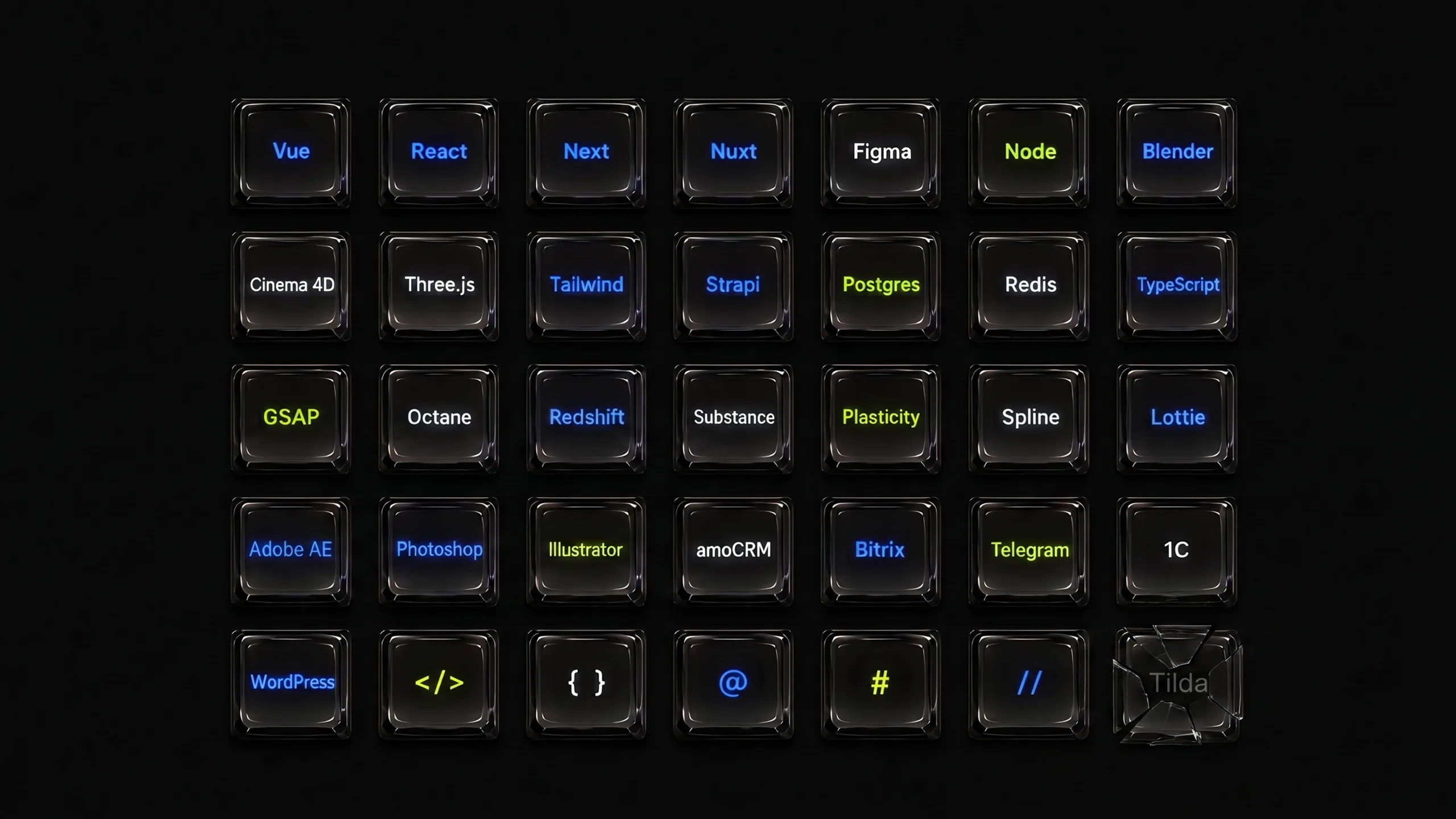 Технологии: Vue, React, Next, Nuxt, Figma, Node, Blender, Cinema 4D, Three.js, Tailwind, Strapi, Postgres, Redis, TypeScript, GSAP, Octane, Redshift, Substance, Plasticity, Spline, Lottie, Adobe After Effects, Photoshop, Illustrator, amoCRM, Bitrix, Telegram, 1С, WordPress